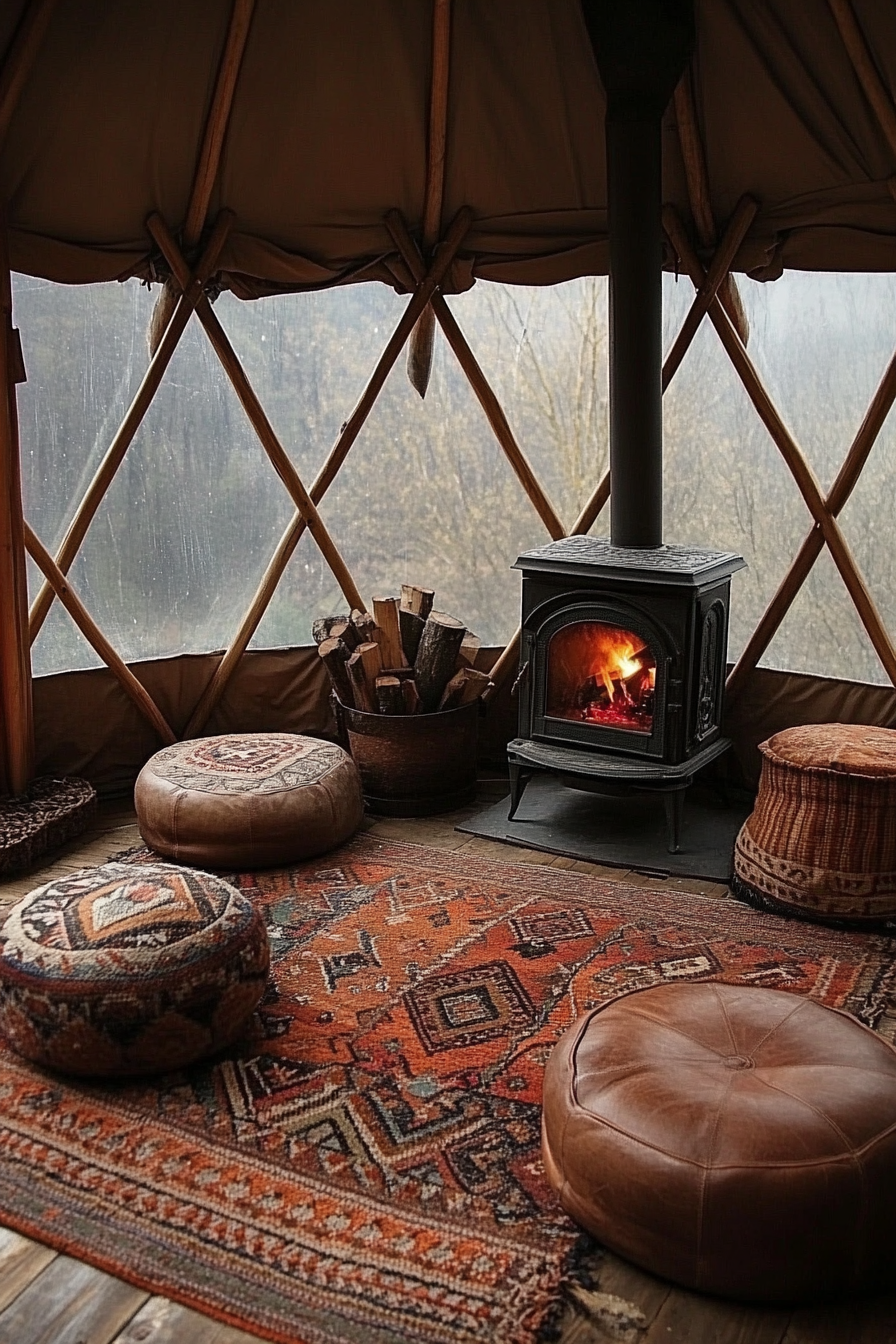 Rustic-style yurt living space. Wood stove paired with brown tribal rug and round leather poufs.