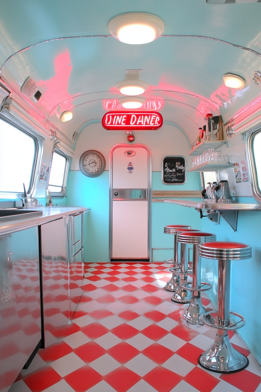 Retro-Style Camper Dining Space. Red checkerboard floor, pastel blue walls, neon Diner sign, chrome stools.