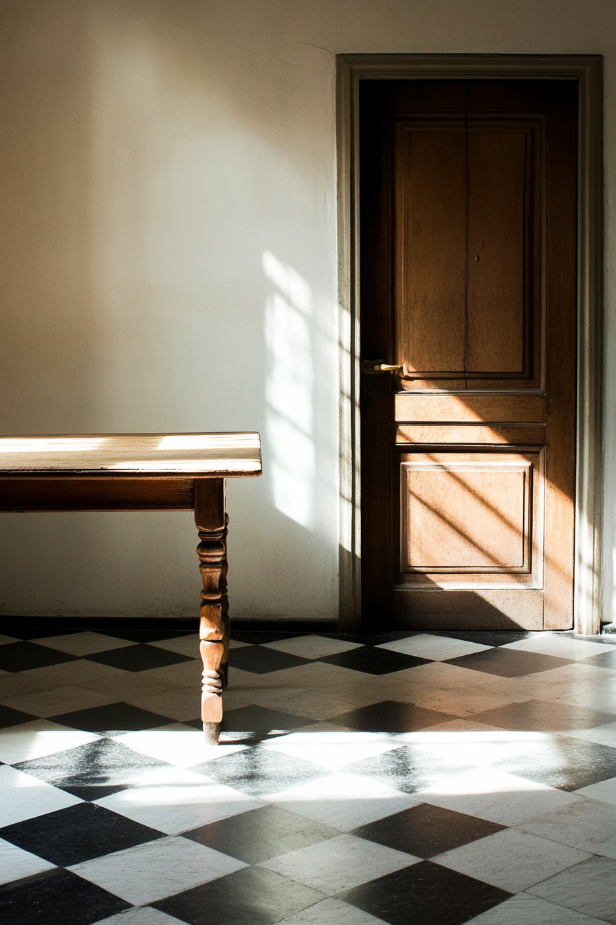 table, and checkered black and white floor.