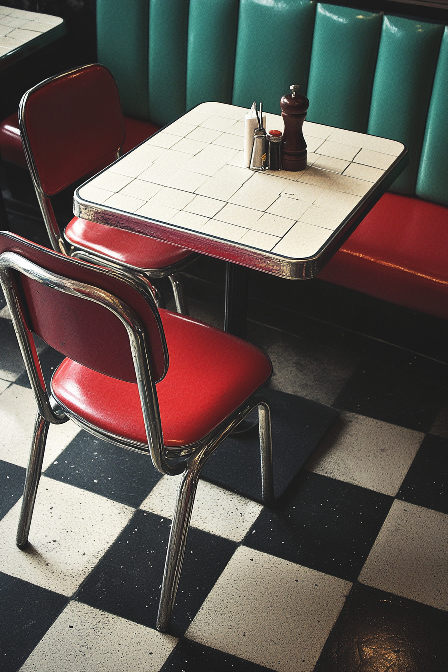 table, and black and white checkered flooring.