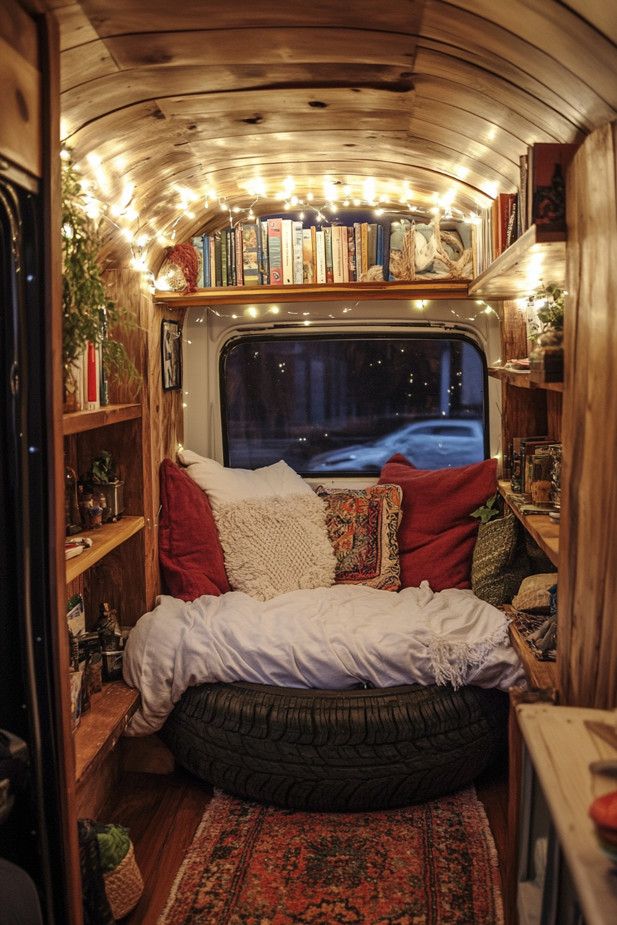 Van reading corner. Fairy lights, banned tire cushions, reclaimed wood shelving.