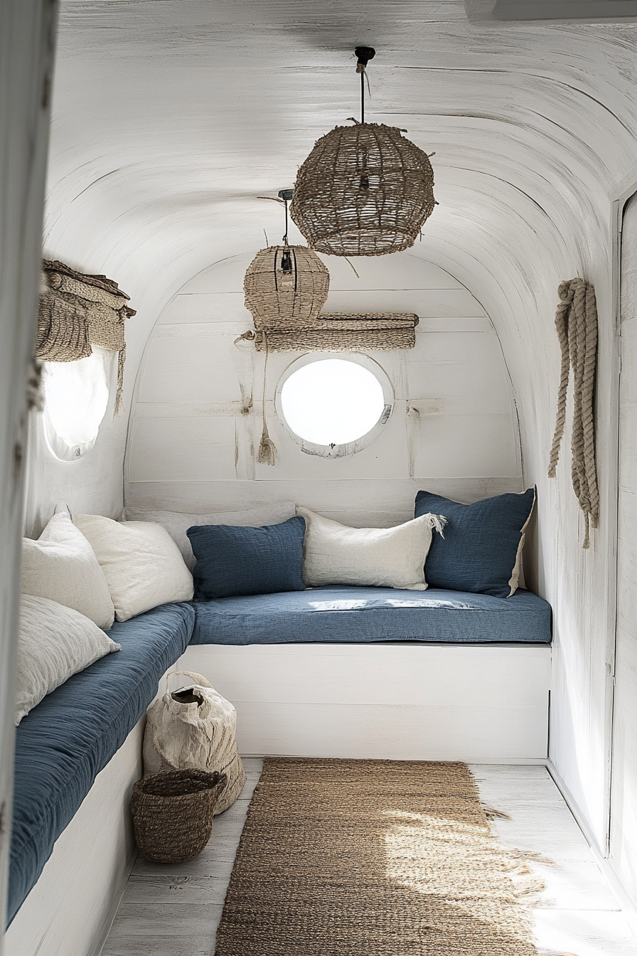 Camper living area. Whitewashed walls, rope details, blue cushions.