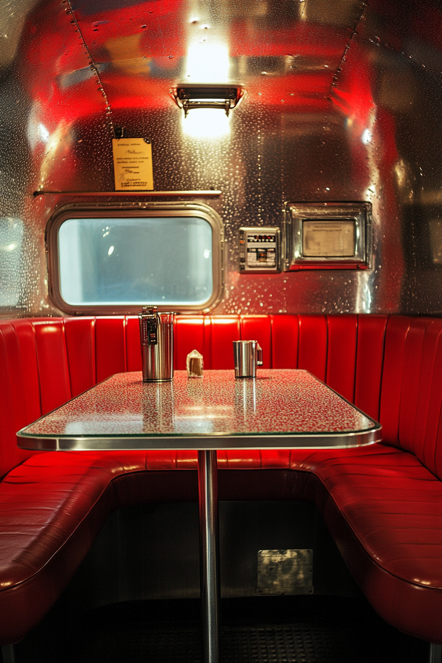 Vintage Airstream Nook. Chrome table, ruby-red vinyl booth, speckled Formica countertops.