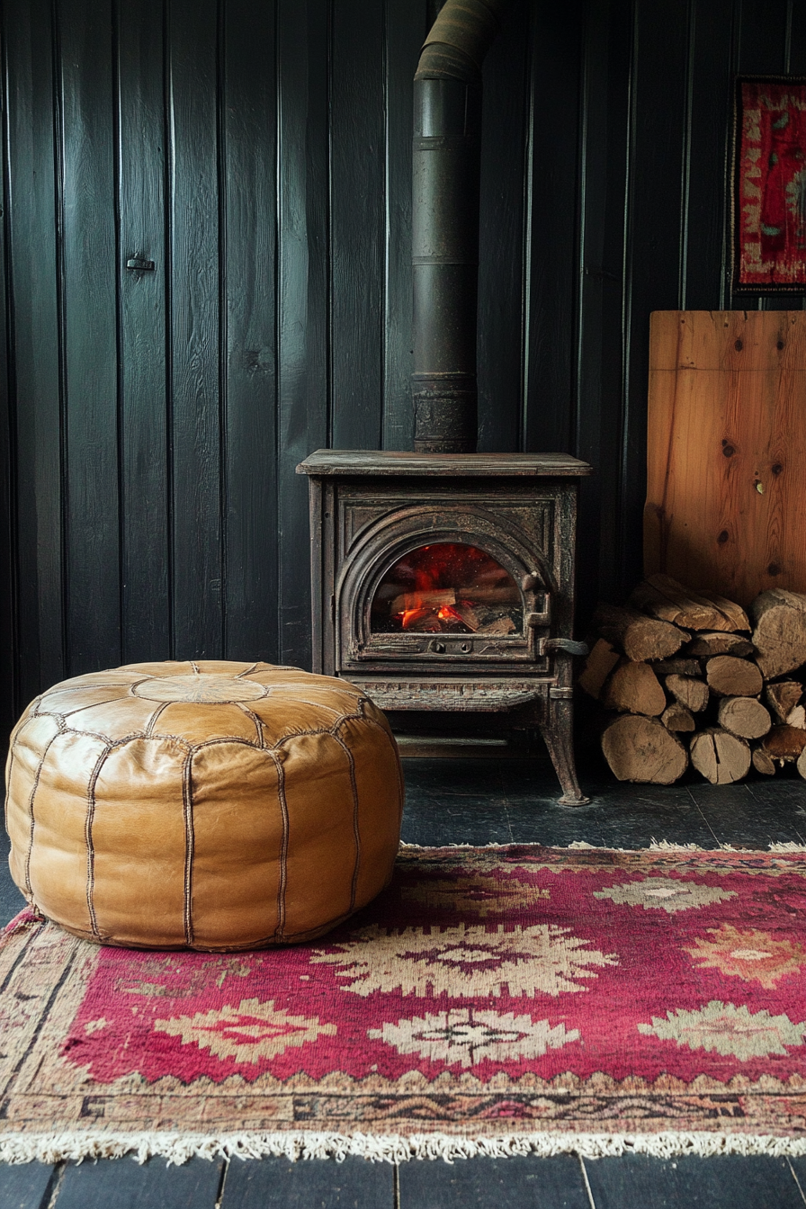 Rustic yurt living space. Antique wood stove, burgundy tribal rug, tan leather pouf.