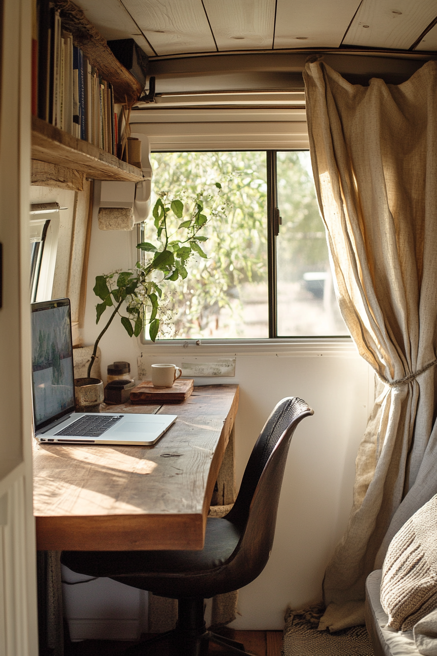 Sprinter Van Office Space. Teak recycled desk, beige hemp curtains.