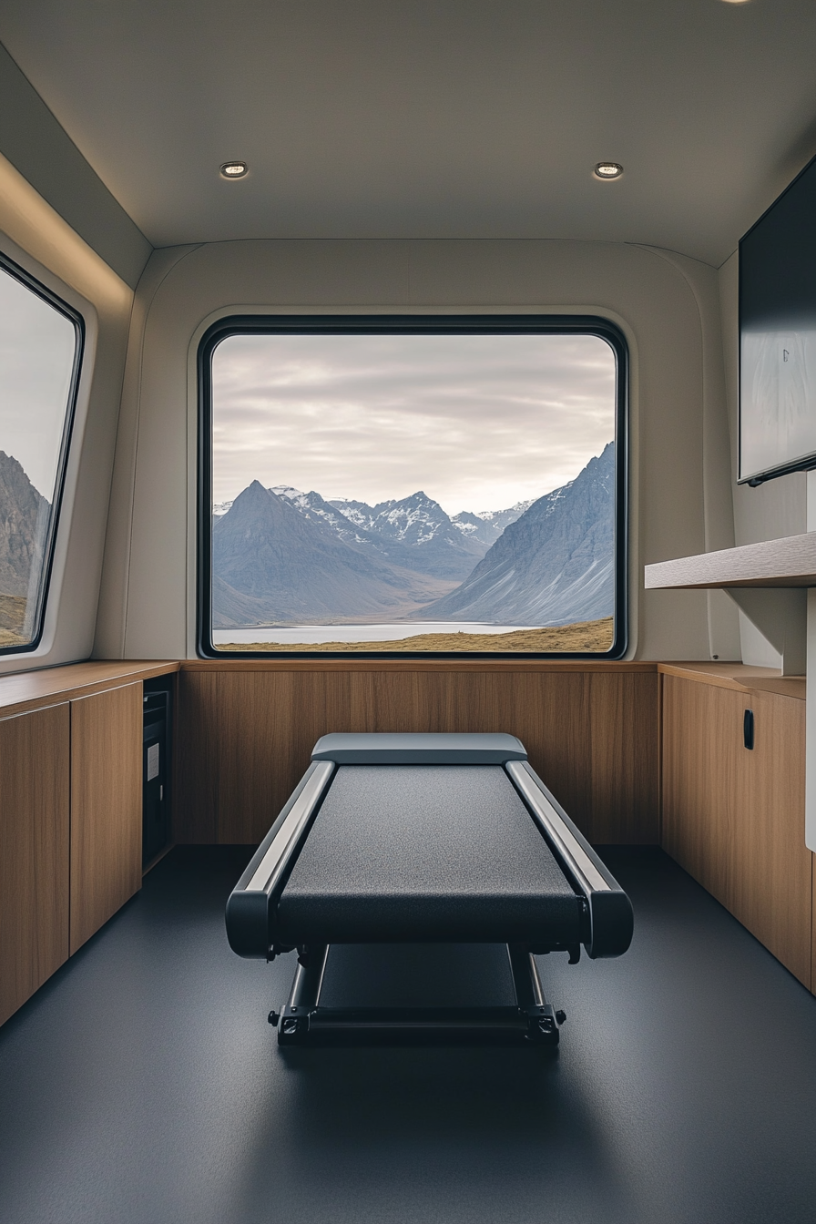 Minimalist camper exercise room. Foldable treadmill near panoramic window.