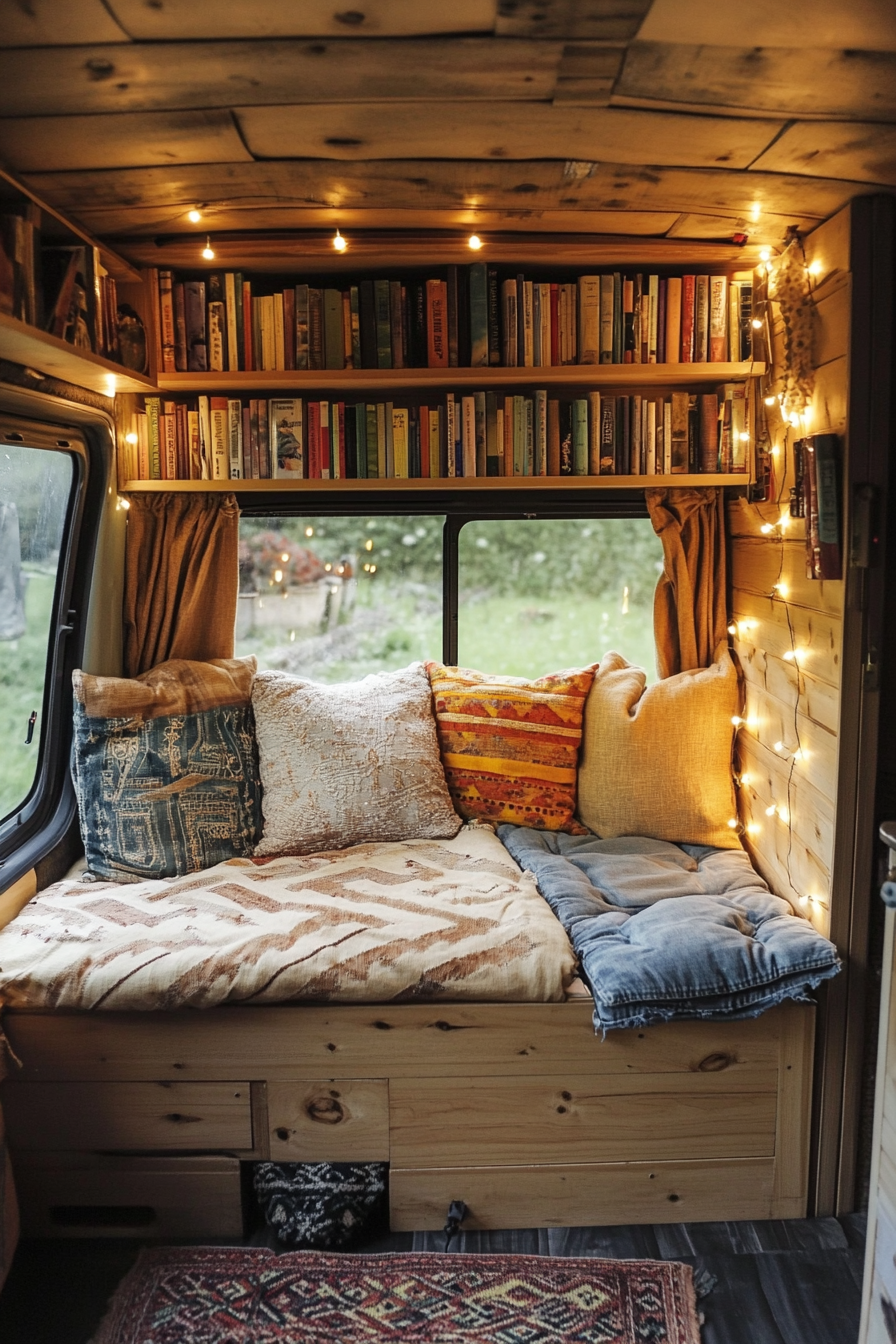 Eco-friendly van reading corner. Bamboo bookshelf, LED fairy lights, re-purposed denim cushions.