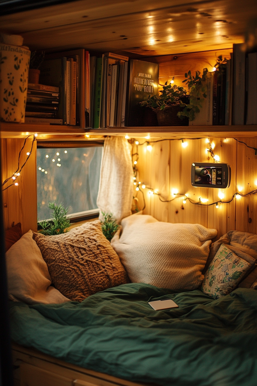 Eco-friendly Van Reading Corner. LED fairy lights, energy-efficient solar-powered charging station, reclaimed wood bookshelf.