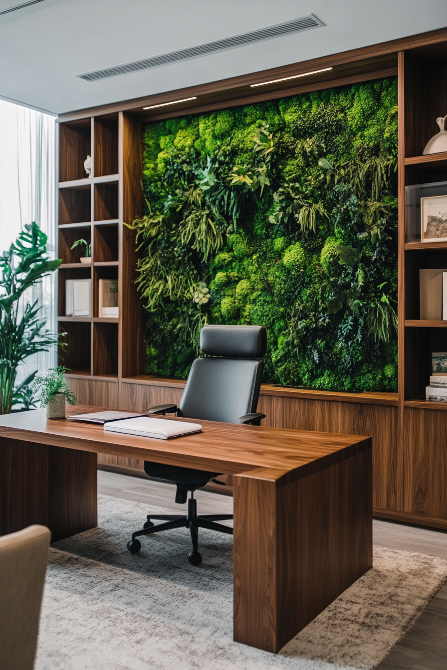 Van workspace. Teak desk with lush green moss without blooms on the dividing wall.