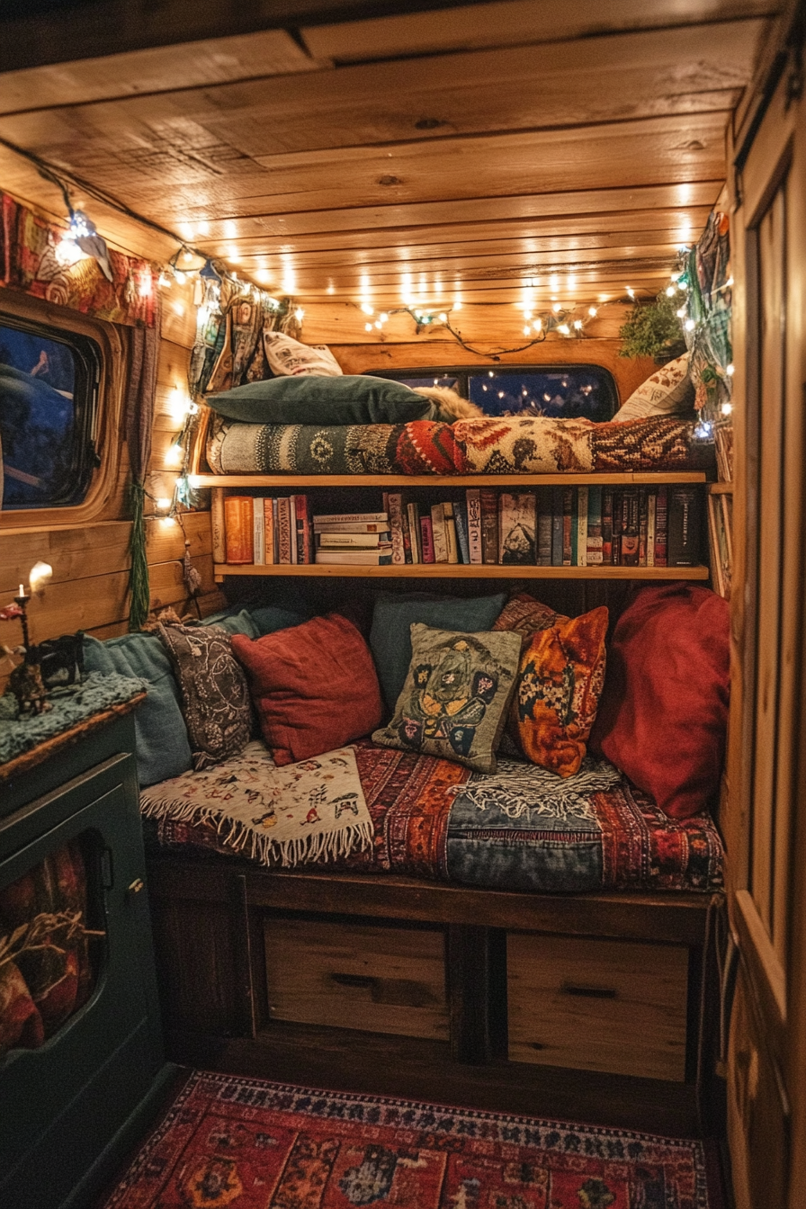 Eco-friendly van reading corner. Wooden storage, fairy lights, reused denim cushions.