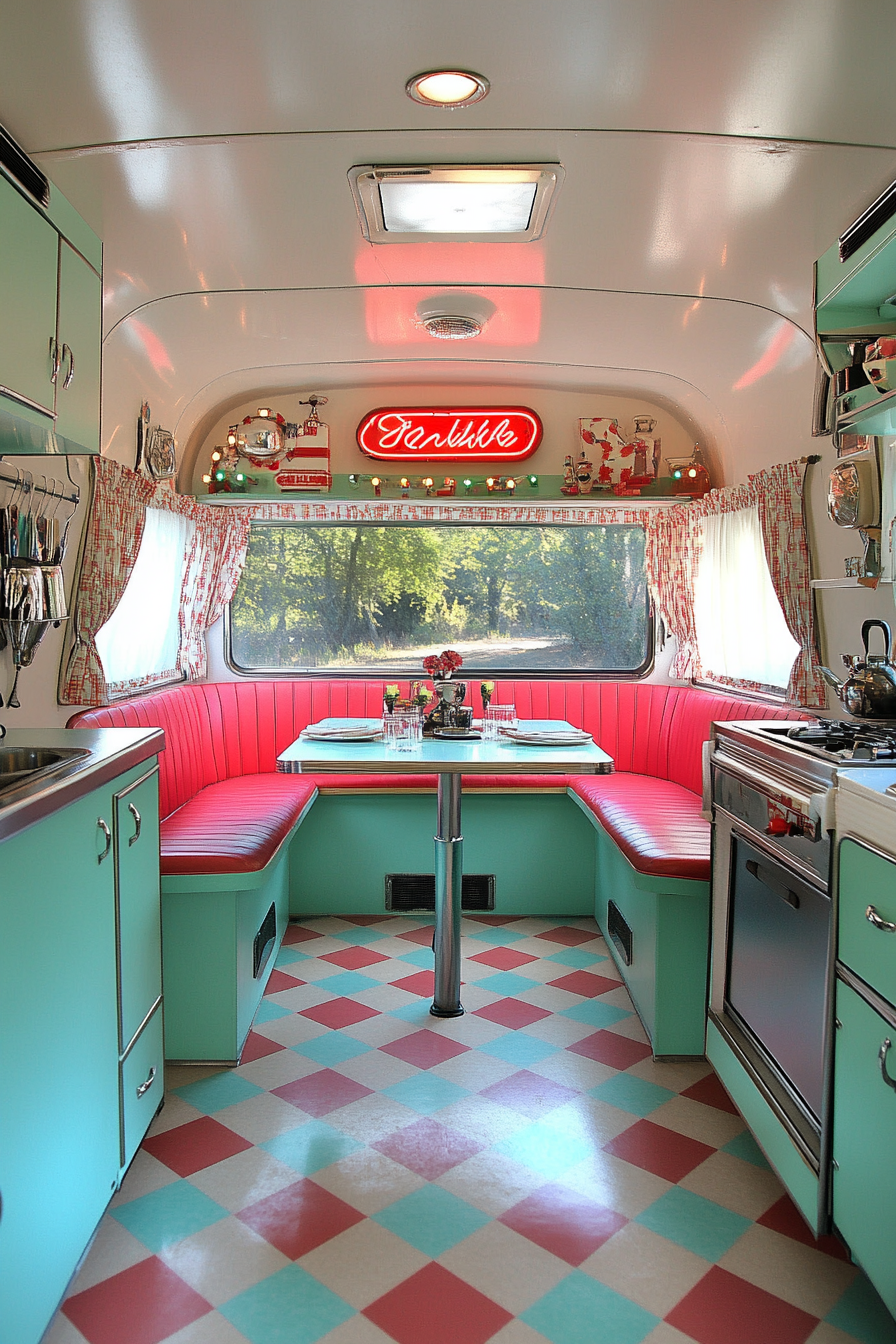 Dining Space - Retro-style camper with mint and cream checkerboard floor, and vintage neon diner sign.