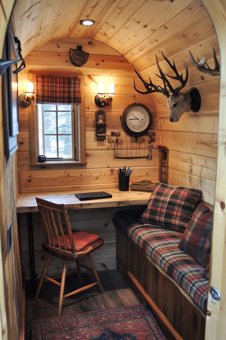 Alpine tiny office. Pine desk, plaid cushions, and antler hooks.