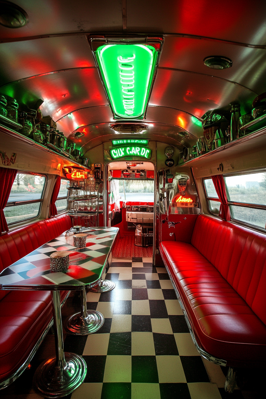 Diner-style camper interior. Red vinyl seats, chrome-accented table, checkerboard floor, green neon sign.