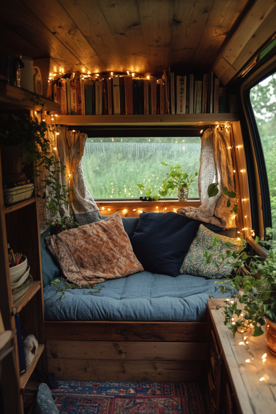 Eco-Friendly Van Reading Corner. Fairy lights, recycled wooden bookcase, upcycled denim cushions.