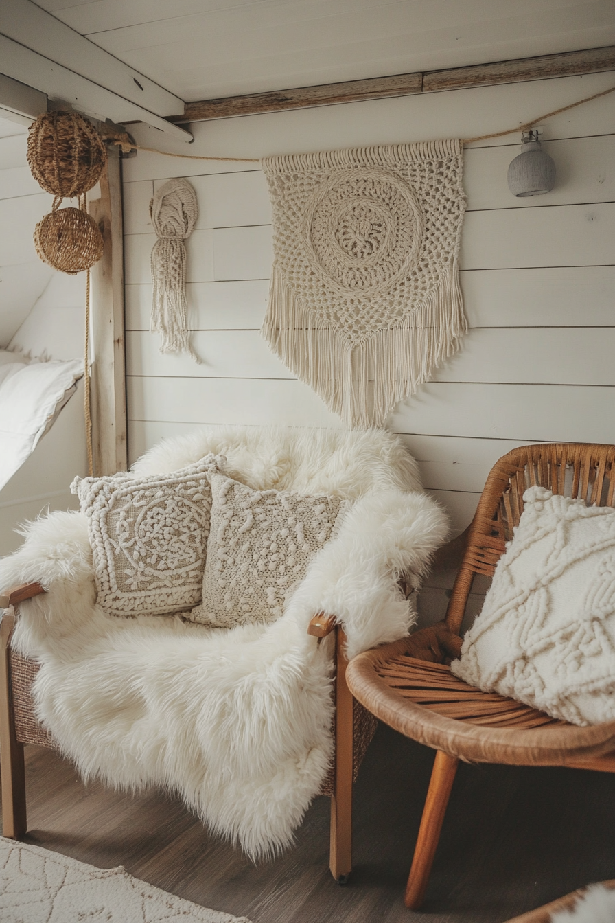 Scandi-Boho camper living room. Sheepskin throws over pale wooden furniture and macramé wall art.