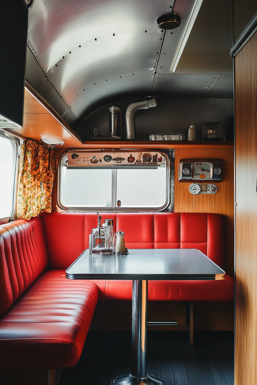 Vintage Airstream Dining Nook. Chrome dining table, red vinyl booth, formica countertops.