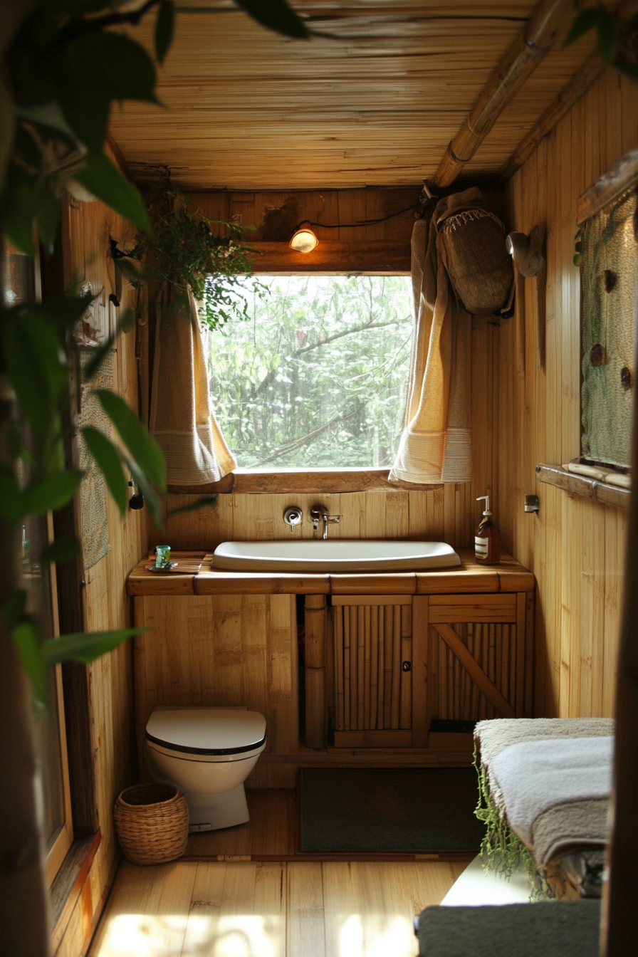 Sustainable tiny bathroom. Bamboo vanity, composting toilet, grey water shower system.