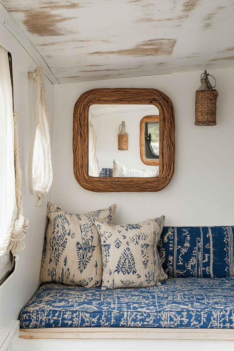 Camper living area. Whitewashed walls, blue tribal-print upholstery, rope-framed mirror.