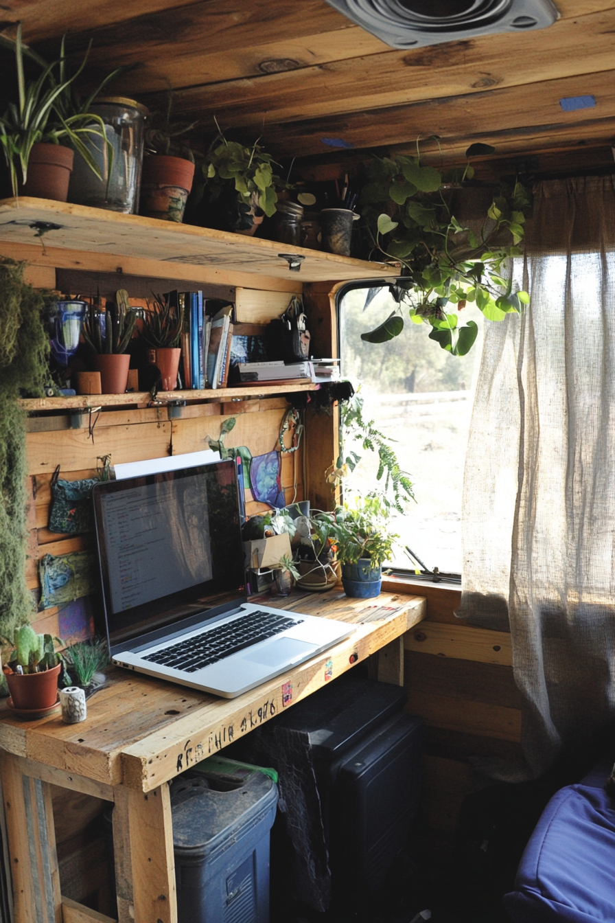 Sprinter Van Office Space. Repurposed wooden pallet desk, hemp curtain separation.