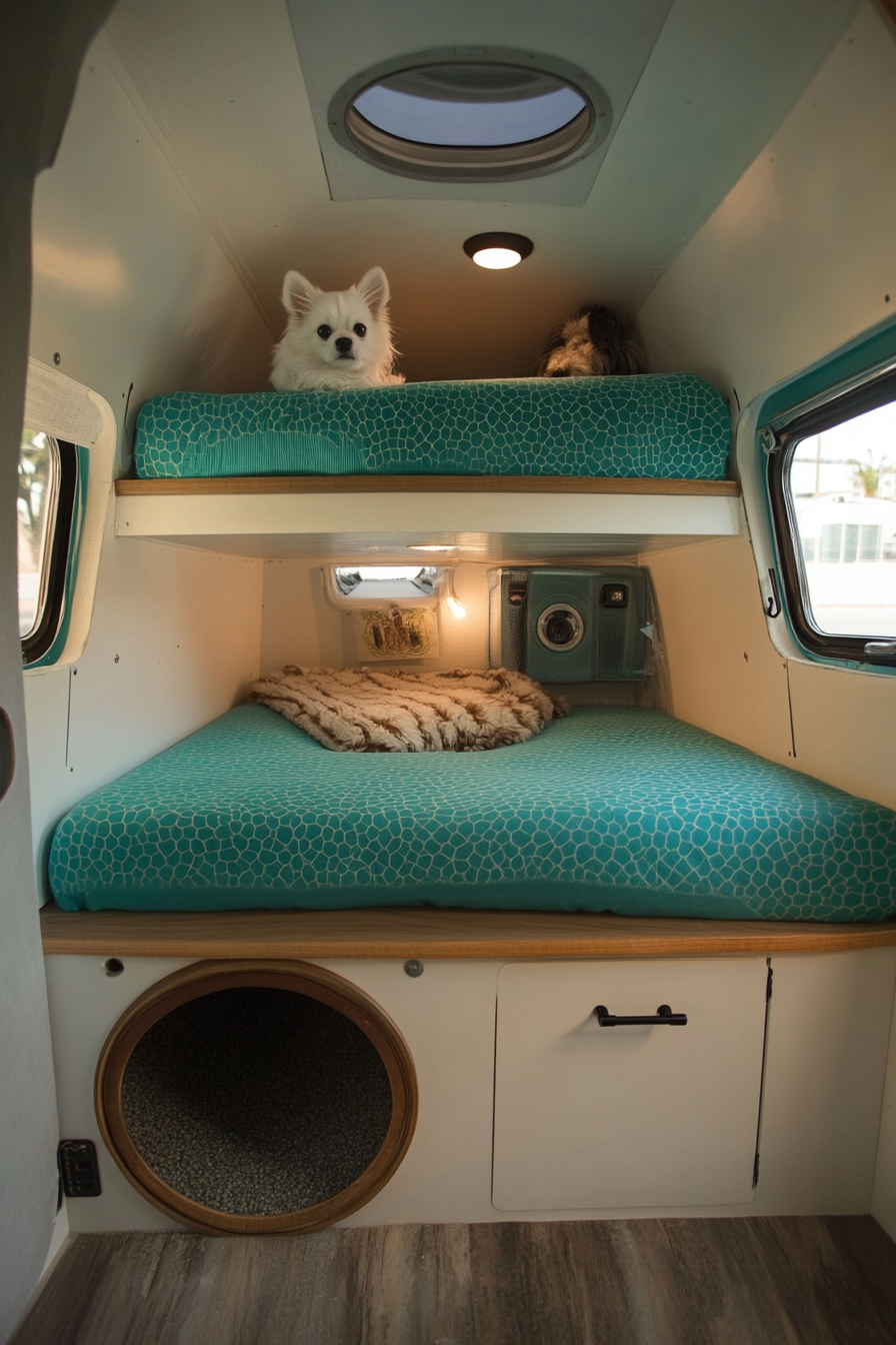 Camper lounge. Dual-tiered pet beds, teal scratch-proof seats, concealed litter compartment.