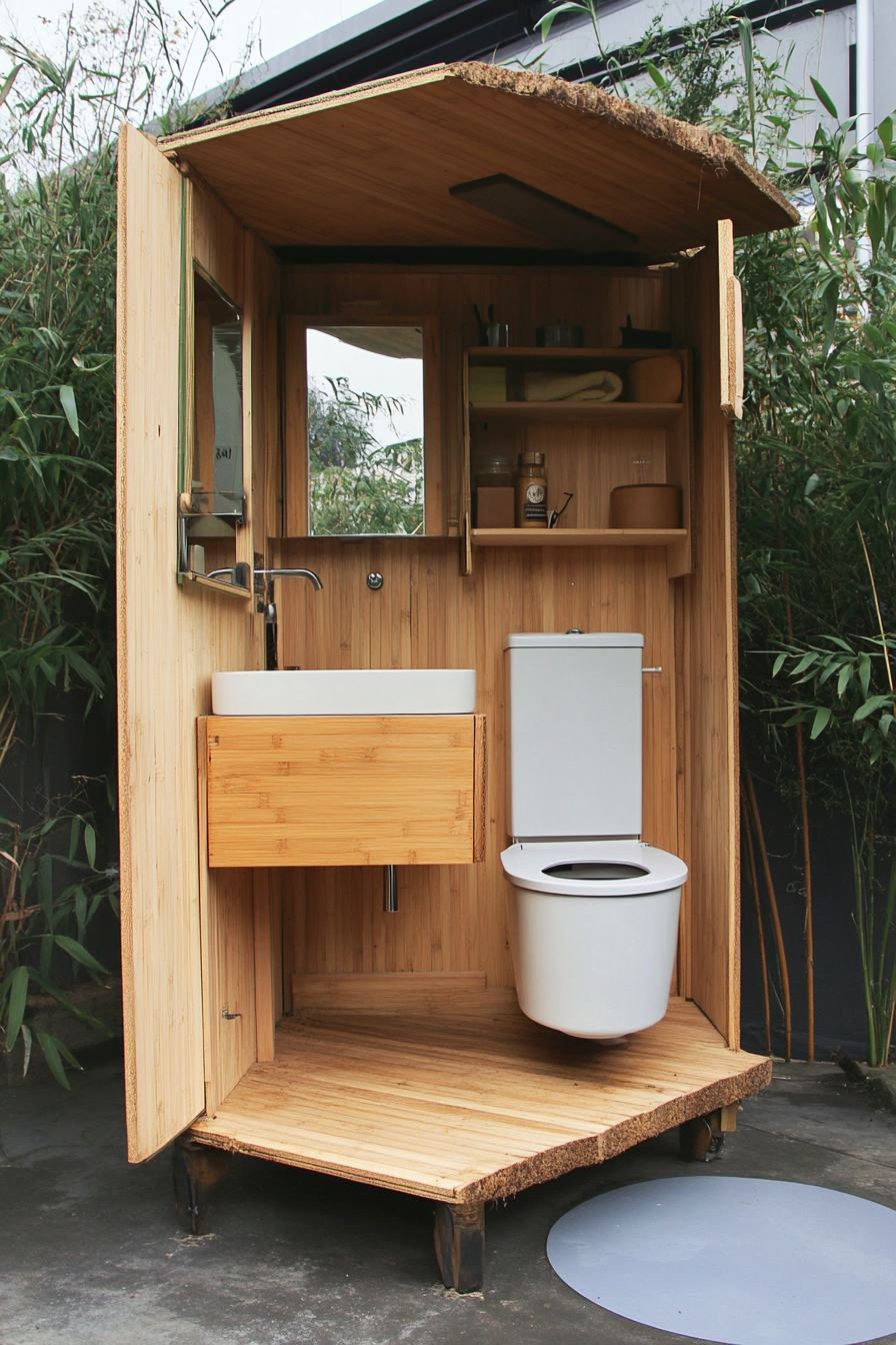 Tiny bathroom. Composting toilet, gray water shower, bamboo vanity unit.