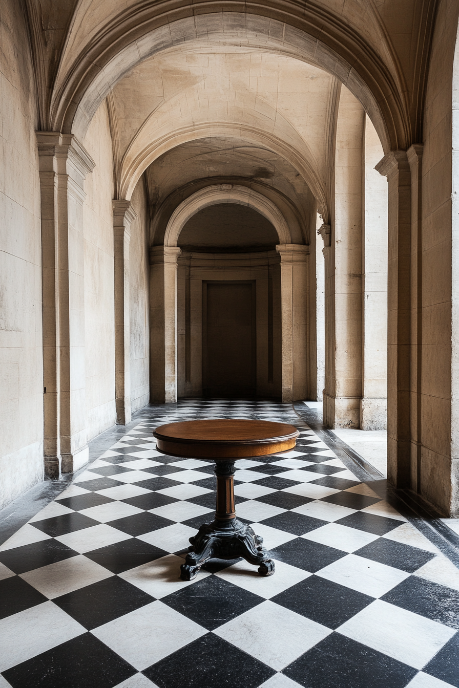 table and checkered black-and-white flooring.