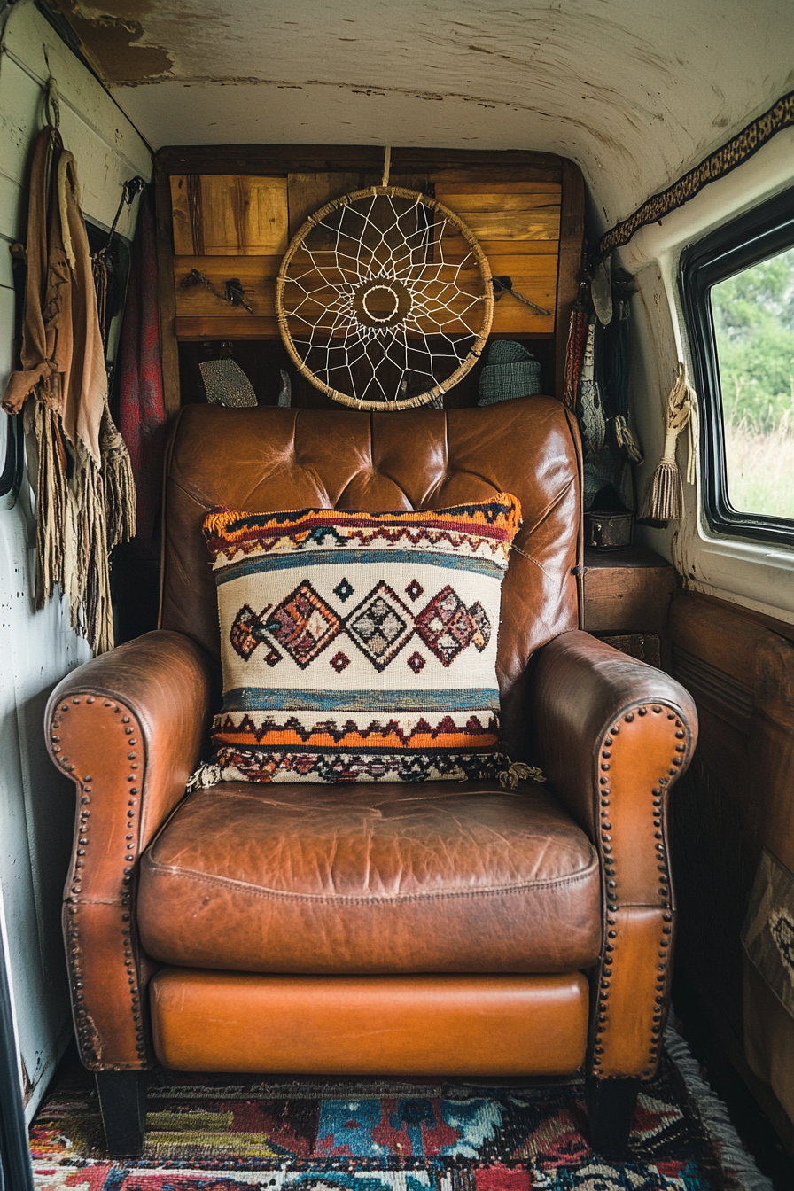 Van bedroom. Leather chair with Navajo textile cushion, dreamcatcher in view.