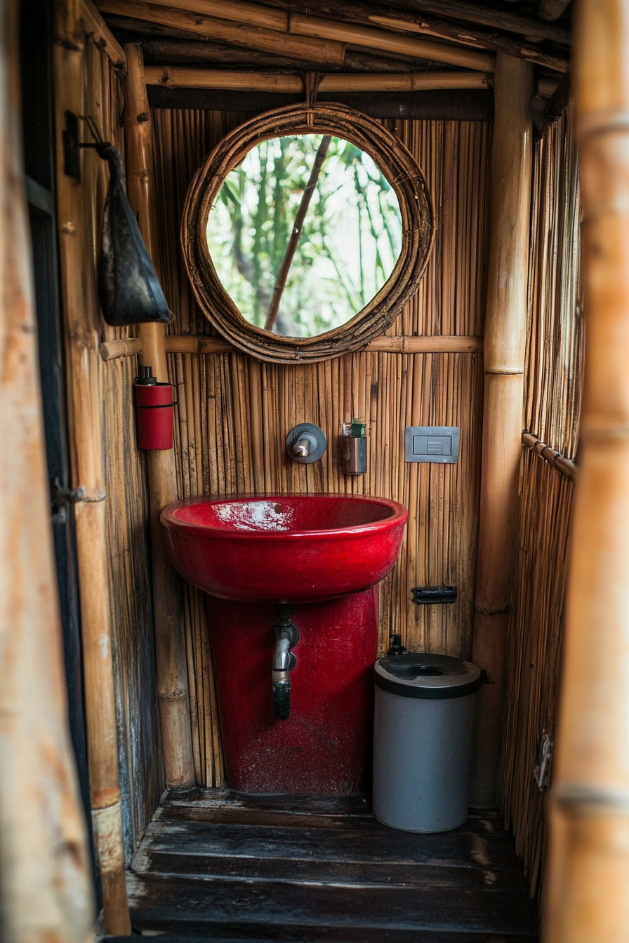 Tiny Bathroom. Red composting toilet, wall-mounted bamboo sink, grey water filtration system.