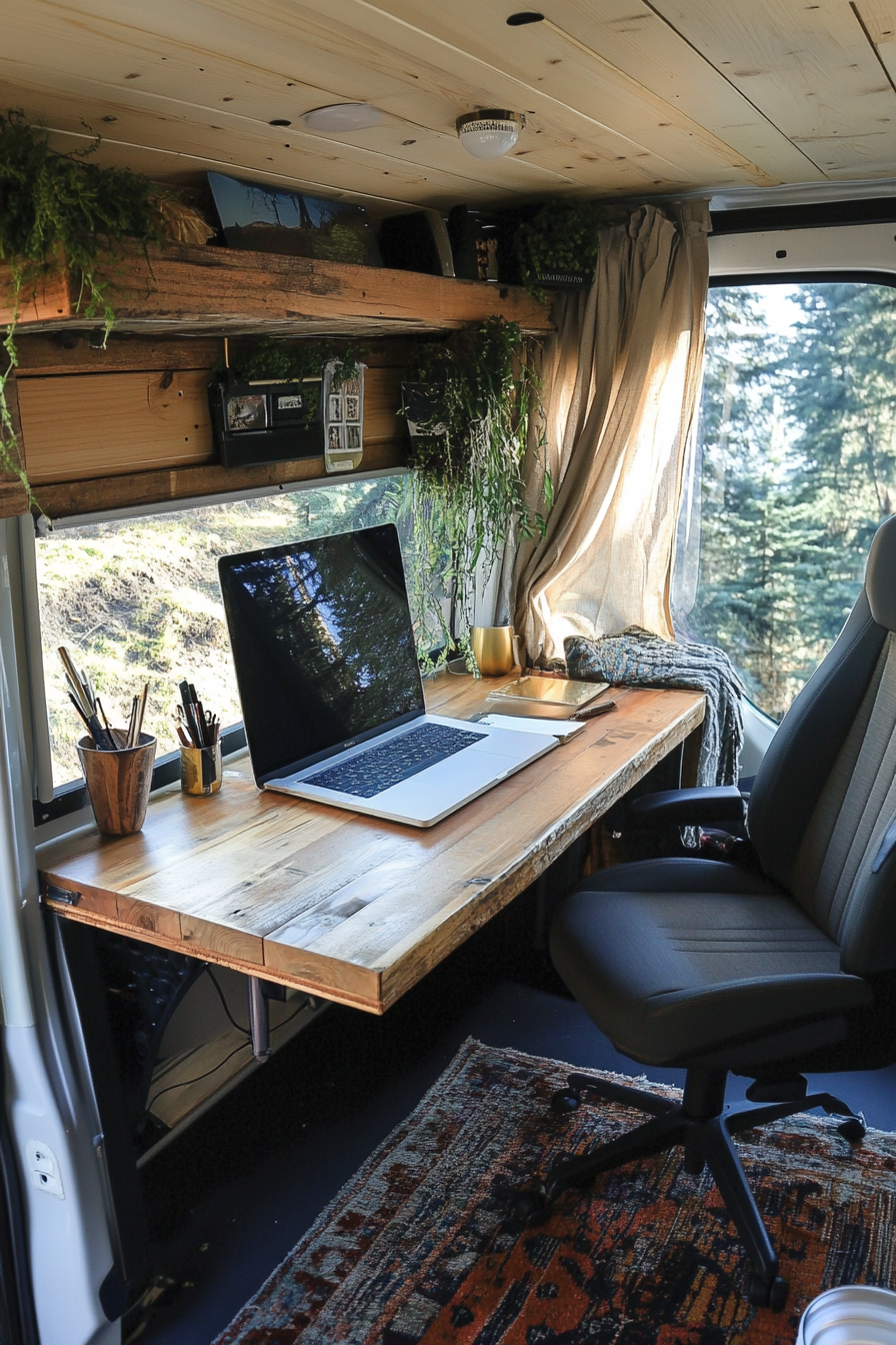 Sustainable Sprinter Van Office Space. Salvage wood desk, hemp curtains, brass accents.