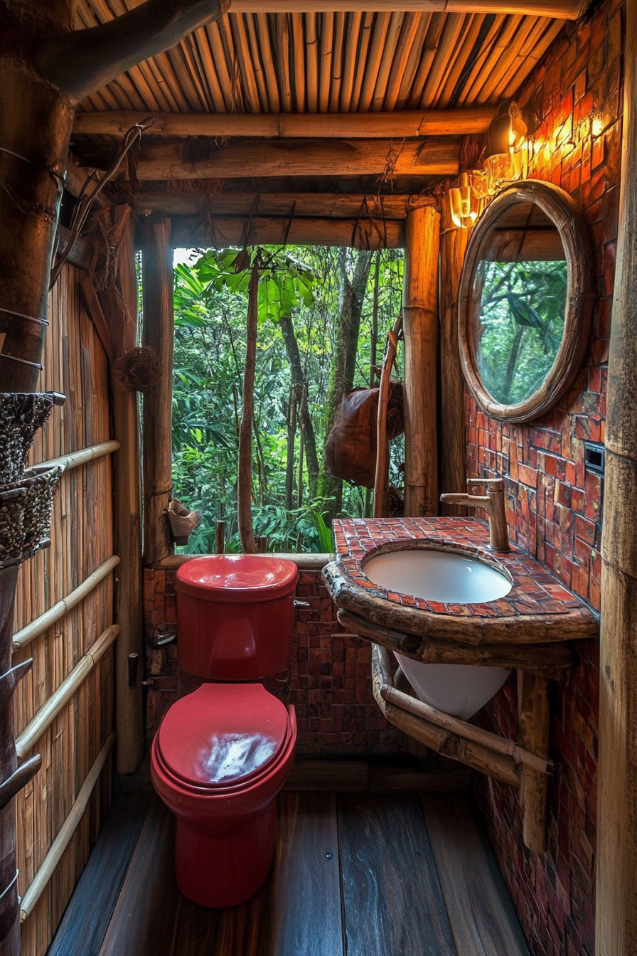 Tiny sustainable bathroom. Composting toilet, coral-colored tiles, greywater sink, and bamboo ceiling.