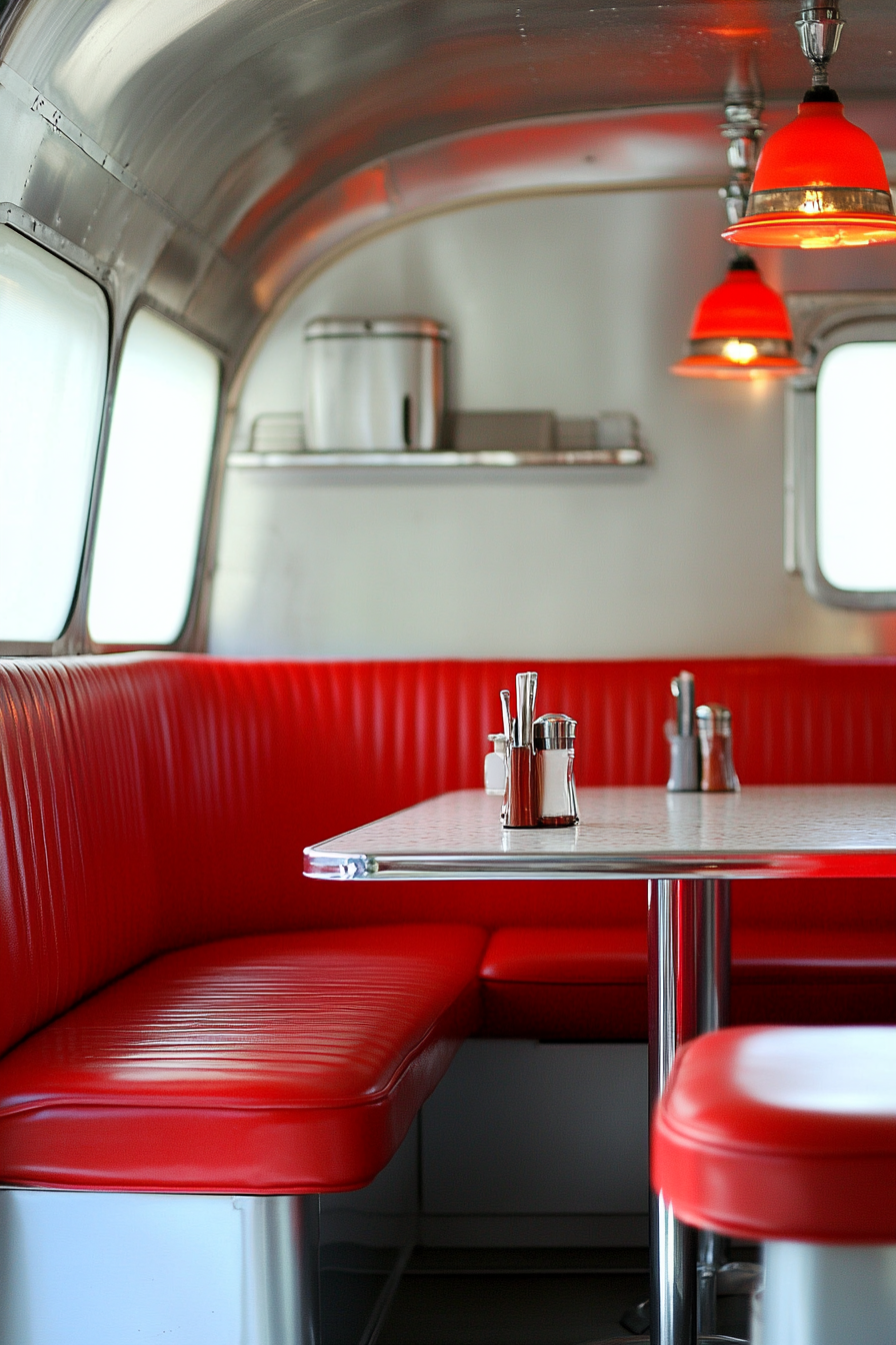 Vintage airstream dining nook. Red vinyl booth seating with chrome accents and formica tabletop.