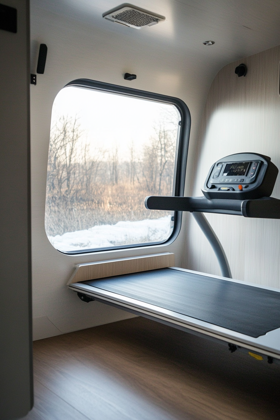 Exercise room in minimalist camper. Metal foldable treadmill next to large window.