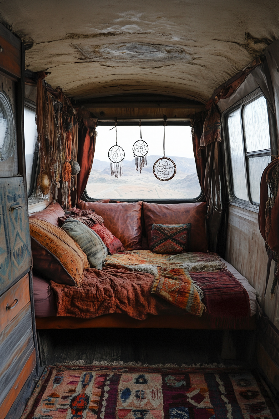 Van bedroom. Suede leather cushions, navajo woven rug, tarnished dreamcatchers hanging.