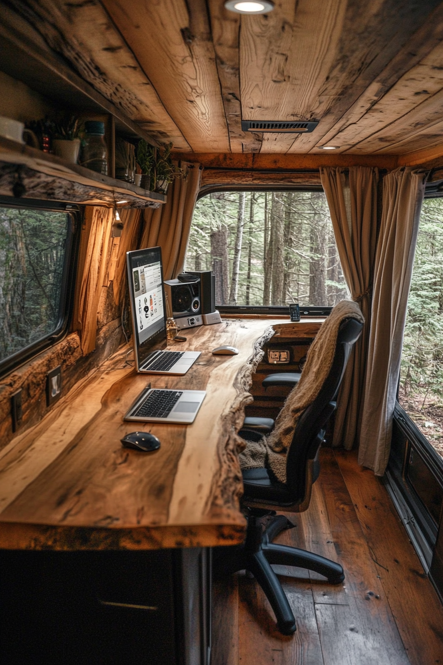 Sprinter van office space. Rustic driftwood desk with hemp curtains.