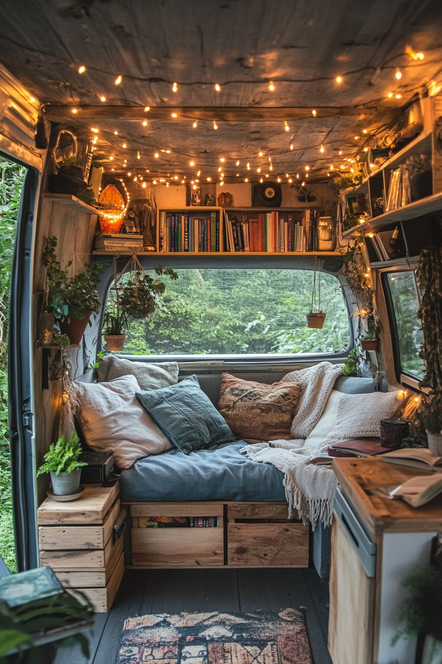 Eco-friendly van reading corner. Suspended fairy lights, old denim cushions, sliding box bookshelf.