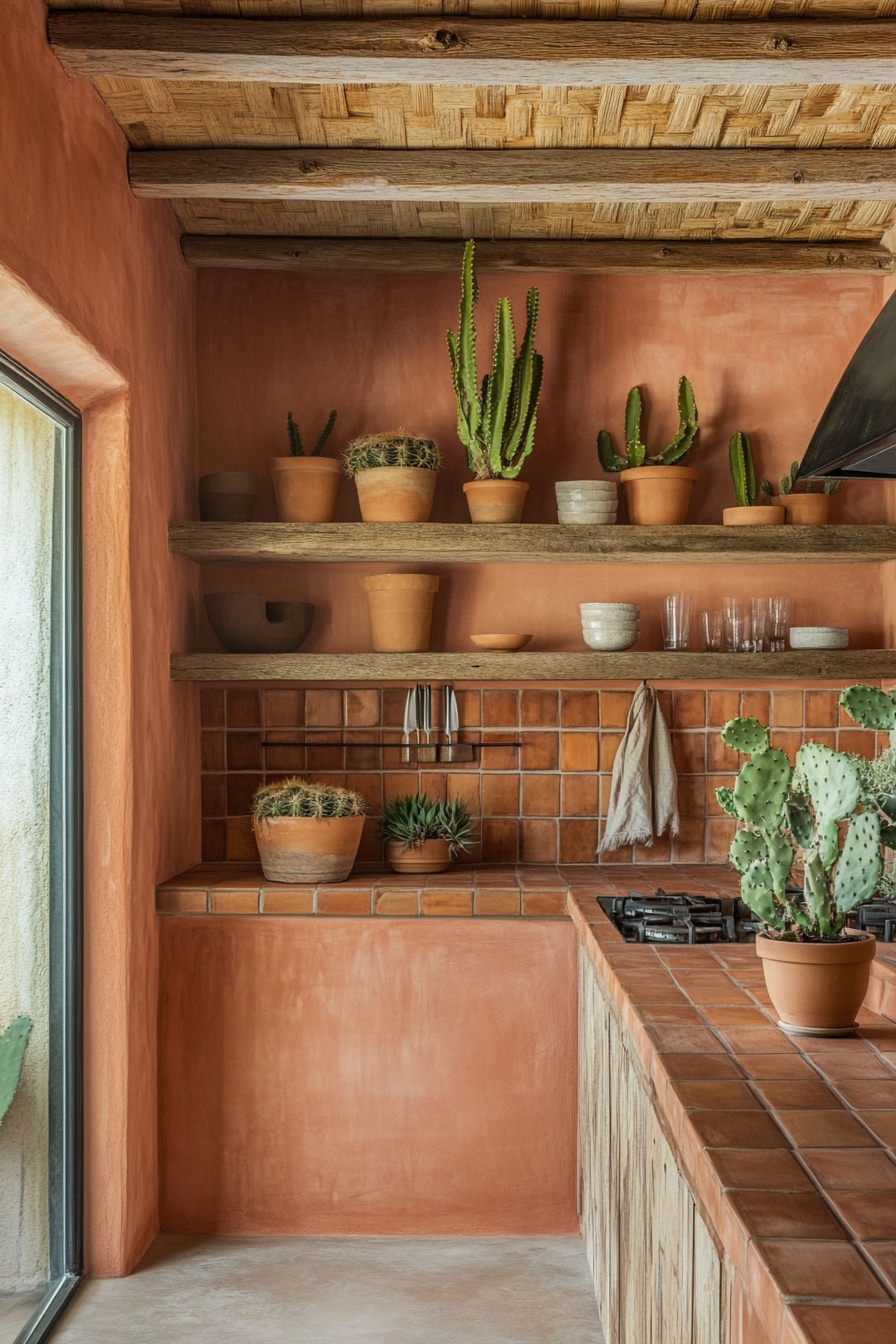 Modern tiny kitchen. Desert color palette, terra cotta tiles, wooden racks with potted cacti.