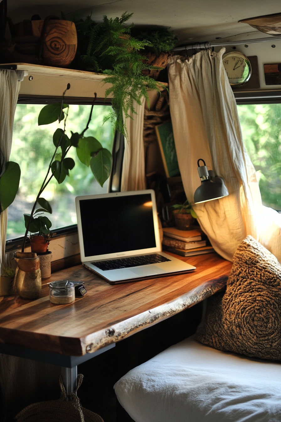 Sustainable sprinter van office. Eucalyptus wood desk, hemp curtains, natural lighting.