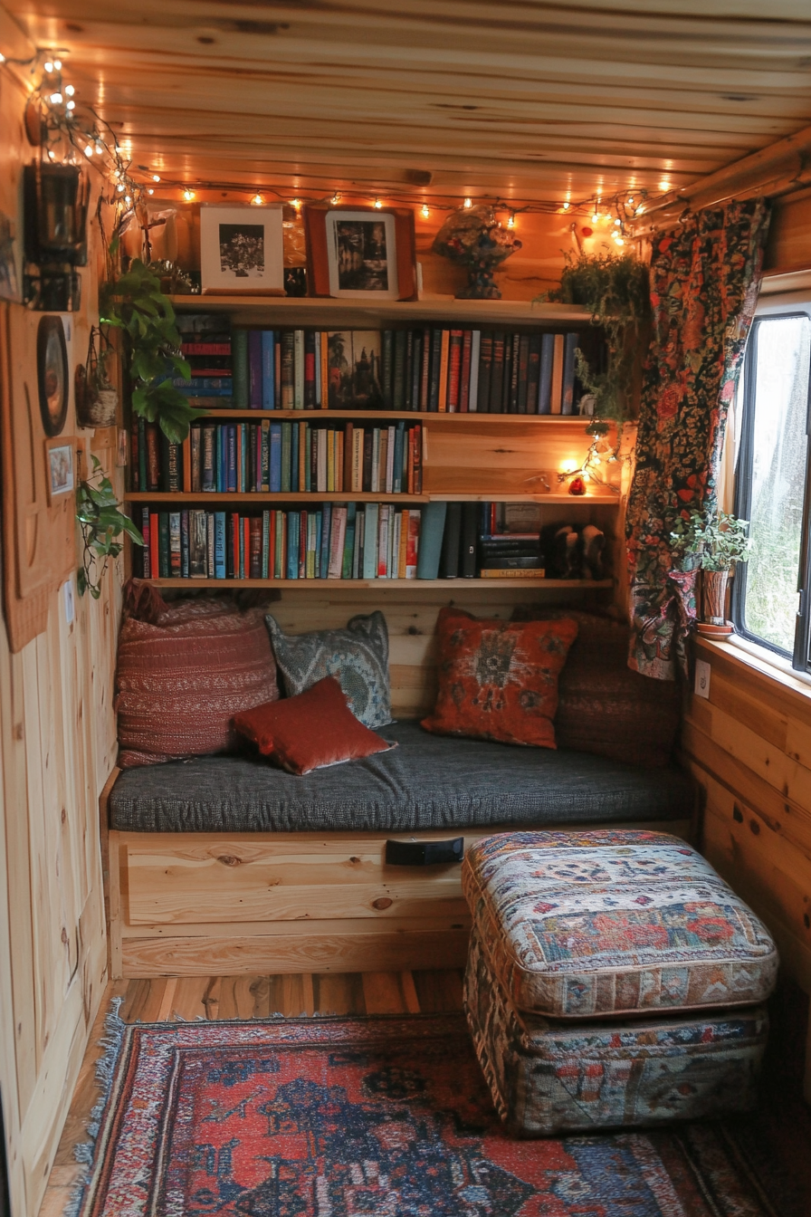 Eco-friendly van reading corner. Bamboo bookshelves, repurposed ottoman, solar fairy lights.