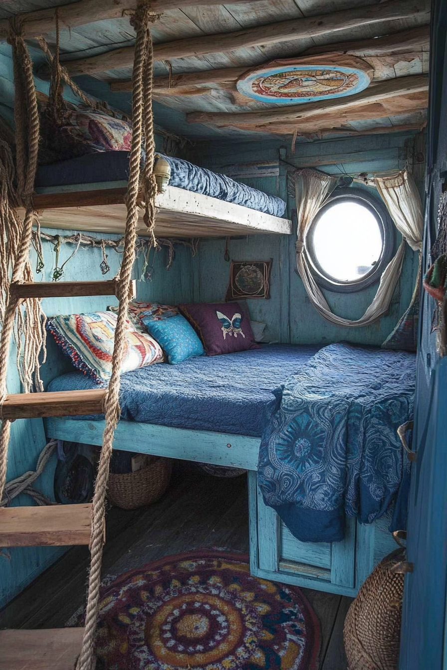 Surf-style van bedroom, blue bedding, rope ladder with wooden steps.