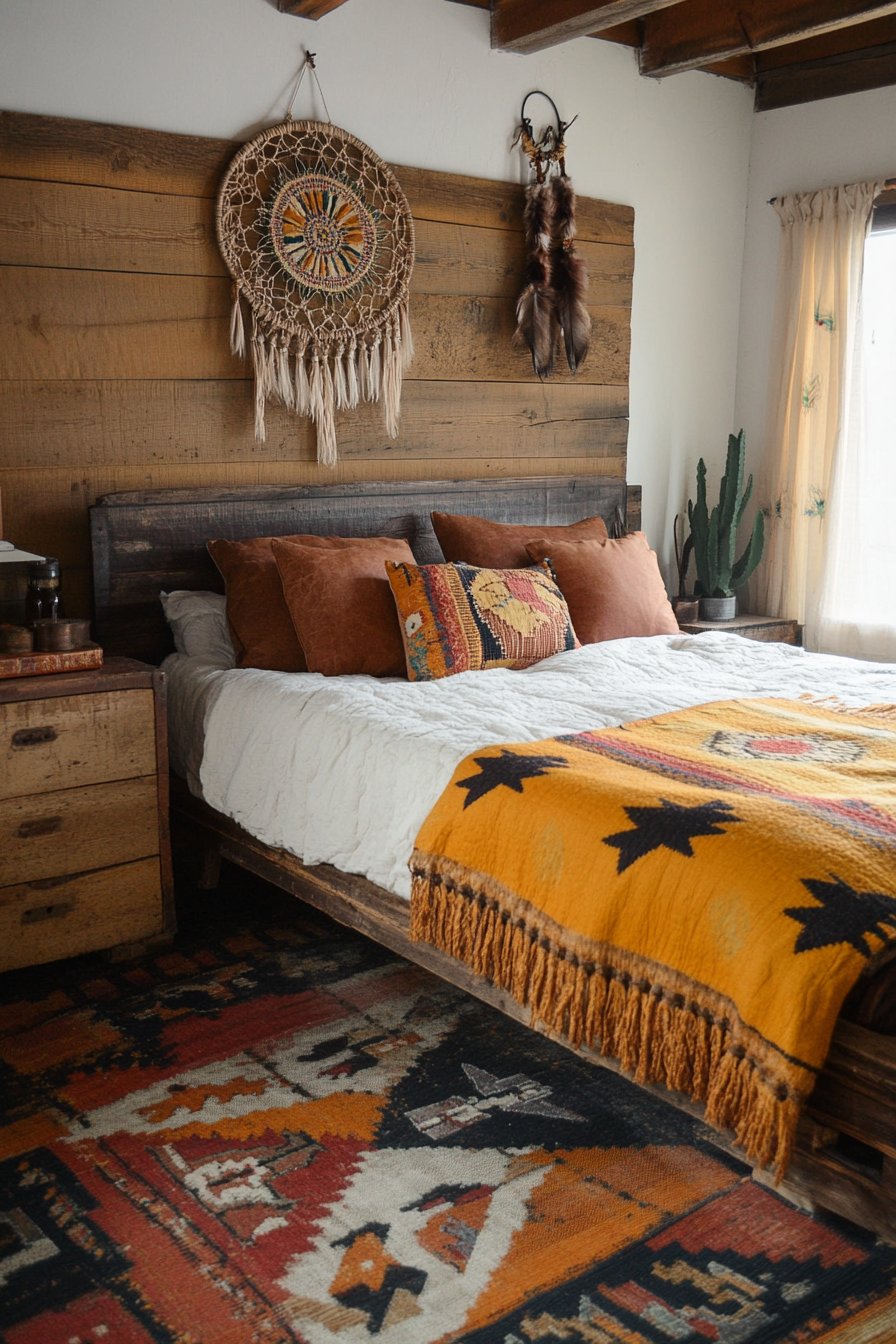 Van bedroom. Navajo rug, cognac leather cushions, citrine dreamcatcher.