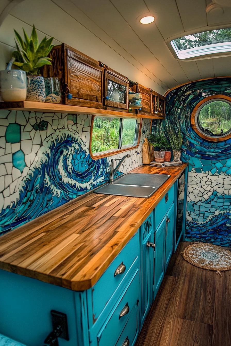 Kitchen. Retro surf van theme, acqua blue cabinets, wooden countertops, wave-shaped decorative tiles.