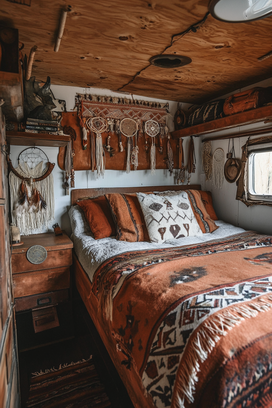 Bohemian van bedroom. Warm-toned Navajo textiles, brown leather accessories, knotted dreamcatchers.