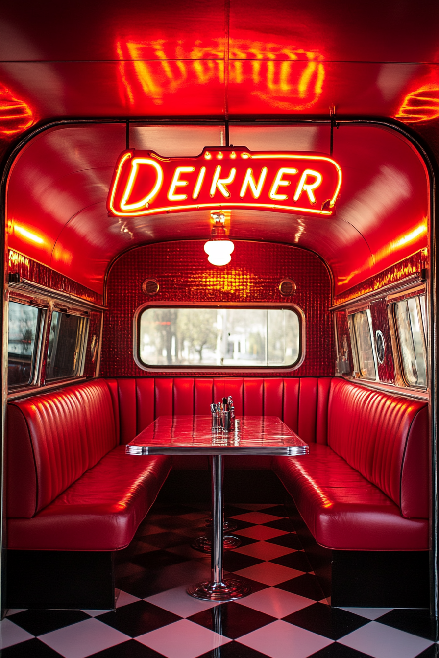 Retro-style camper dining space. Red leather banquette, neon 'Diner' sign, glossy checkerboard floor.