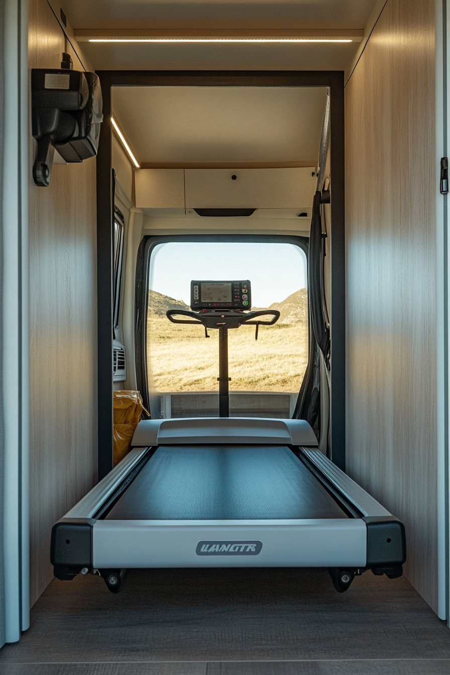 Exercise room in minimalist camper. Foldable treadmill facing a floor-to-ceiling mirror.