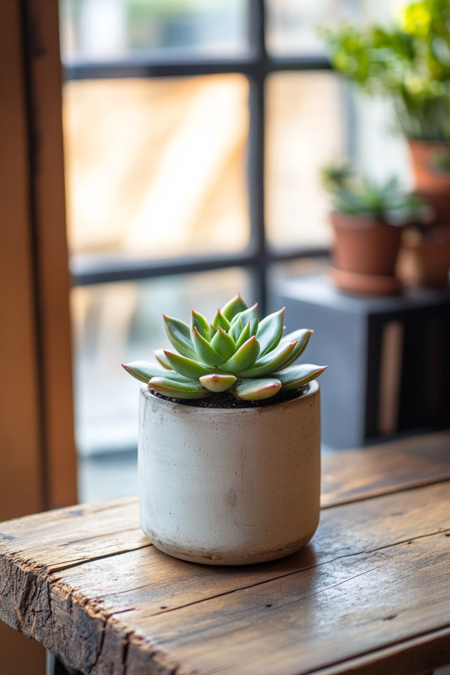 Sprinter van office. Recycled wooden desk adorned with a single, green succulent.