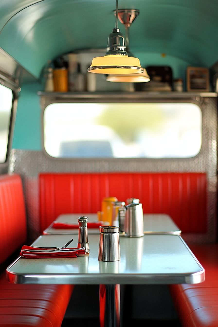 Vintage Airstream dining nook. Chrome-finished fixtures, red vinyl booth, formica table.