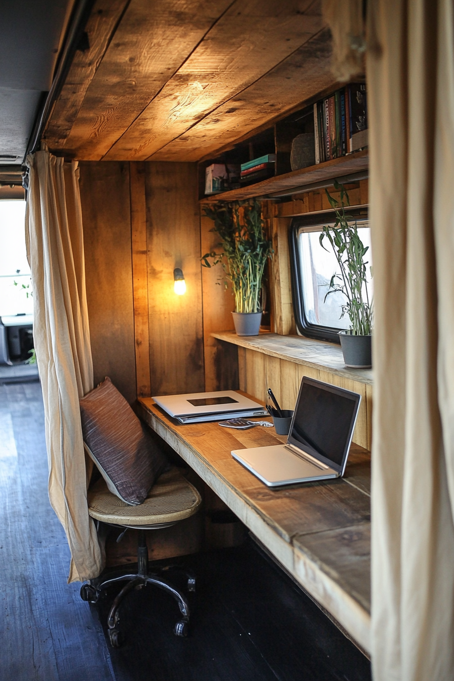 Sustainable sprinter van office. Hempen curtain dividing the recycled timber desk space.