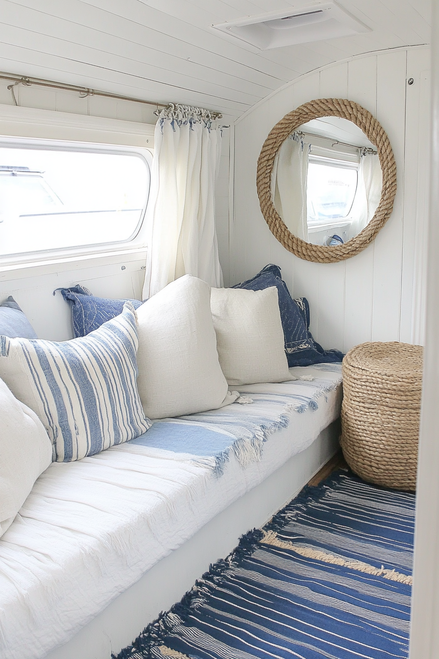 Camper living area. Whitewashed walls, rope-framed mirror, blue-striped rug.