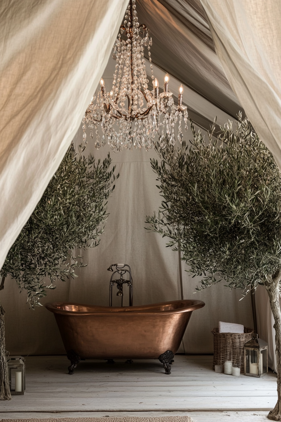 Glamping bathroom. Copper tub under crystal chandelier surrounded by miniature indoor olive trees.