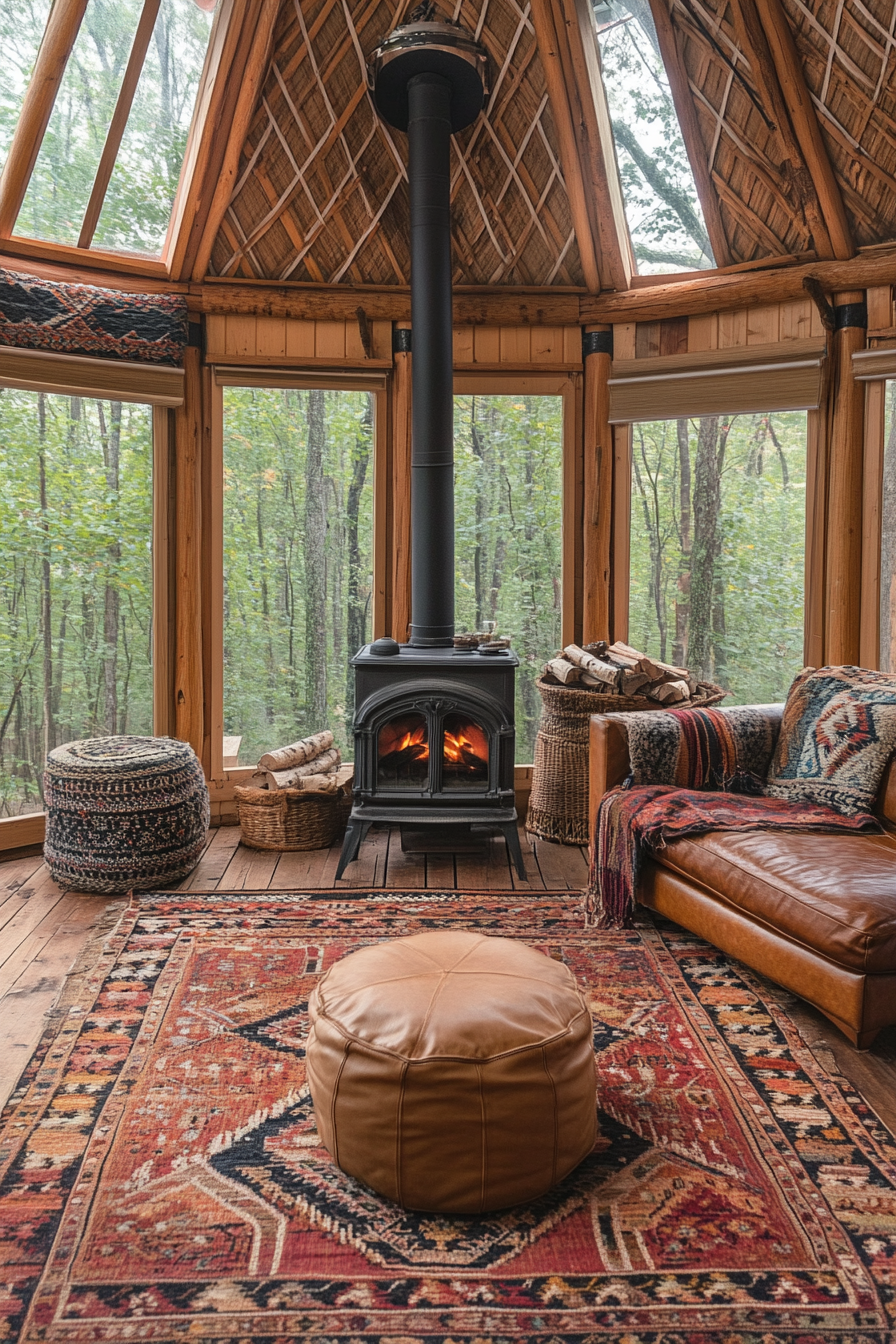 Rustic-style yurt living space. Massive wood stove, Bordeaux tribal rugs and tan leather poufs.